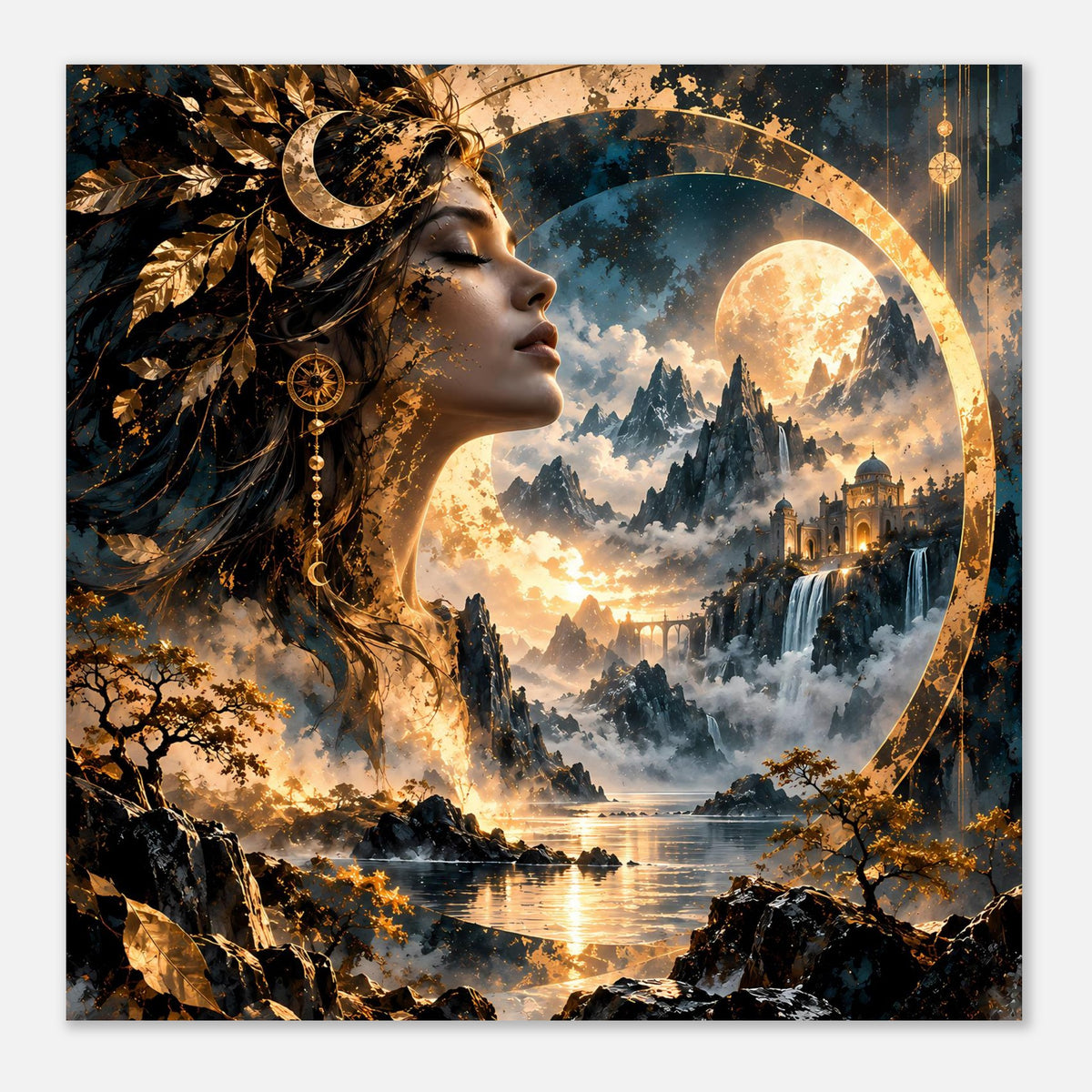 Matte Poster: Göttinprofil mit goldenen Akzenten und Mondkreis über nebliger Landschaft