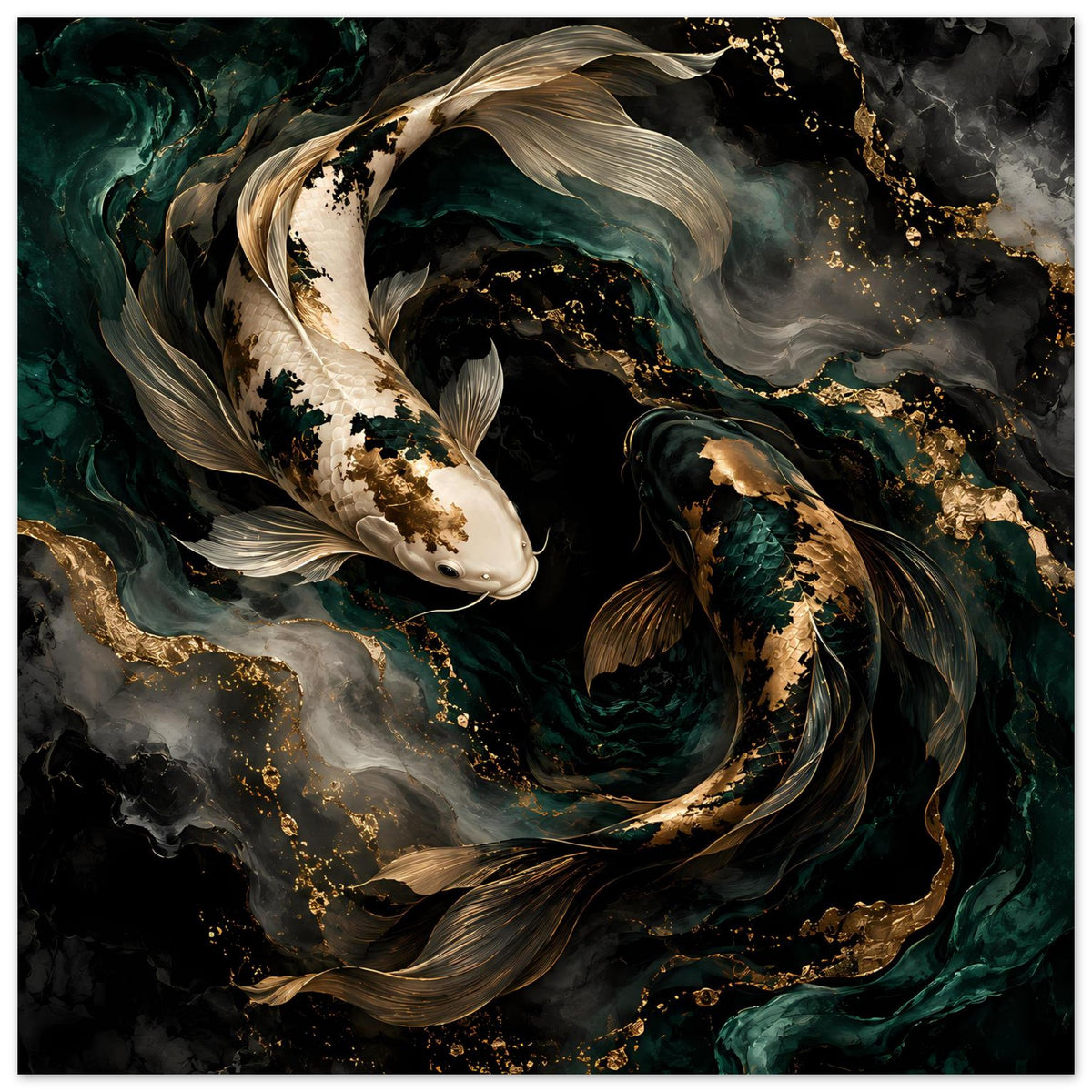 Koi-Fisch Kunstposter: spiralförmiges Motiv mit weißem und gold-braunem Koi, türkisfarbene Schleifen