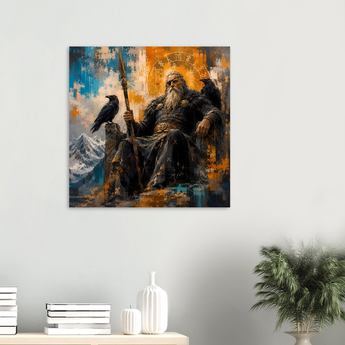 Poster mit nordischem Motiv: bärtiger Odin mit Rabe, Kunststil in Blau und Orange