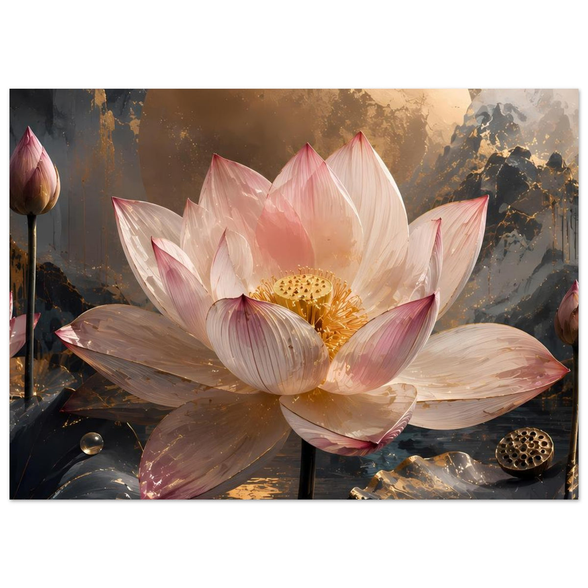 Poster-Detail mit rosa Lotusblüte und goldener Staubnarbe, goldenem Mond im Hintergrund