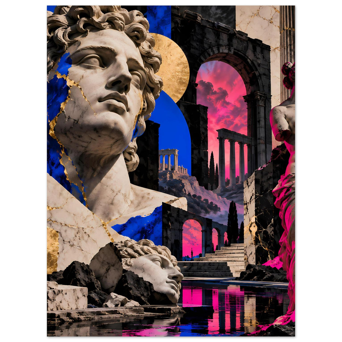 Vertikales Poster mit Büste und Säulen, gold-blaue und pinke Akzente, Collage-Look