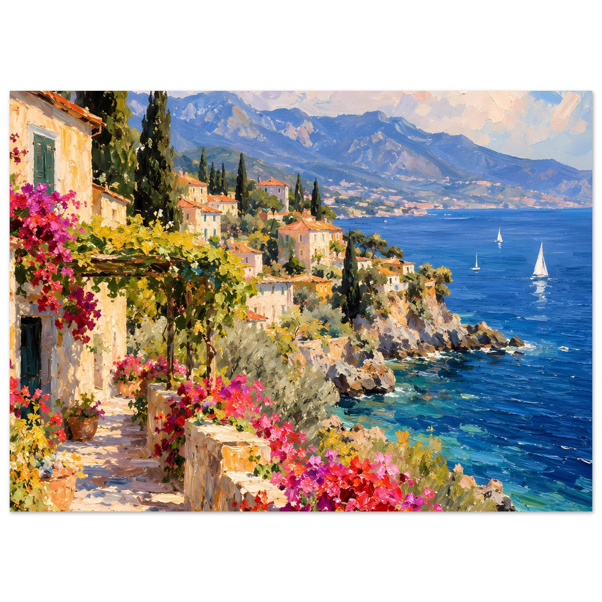Horizontales Poster mit Meerblick, Küstenhäusern und Blumenbeeten, Segel im blauen Wasser