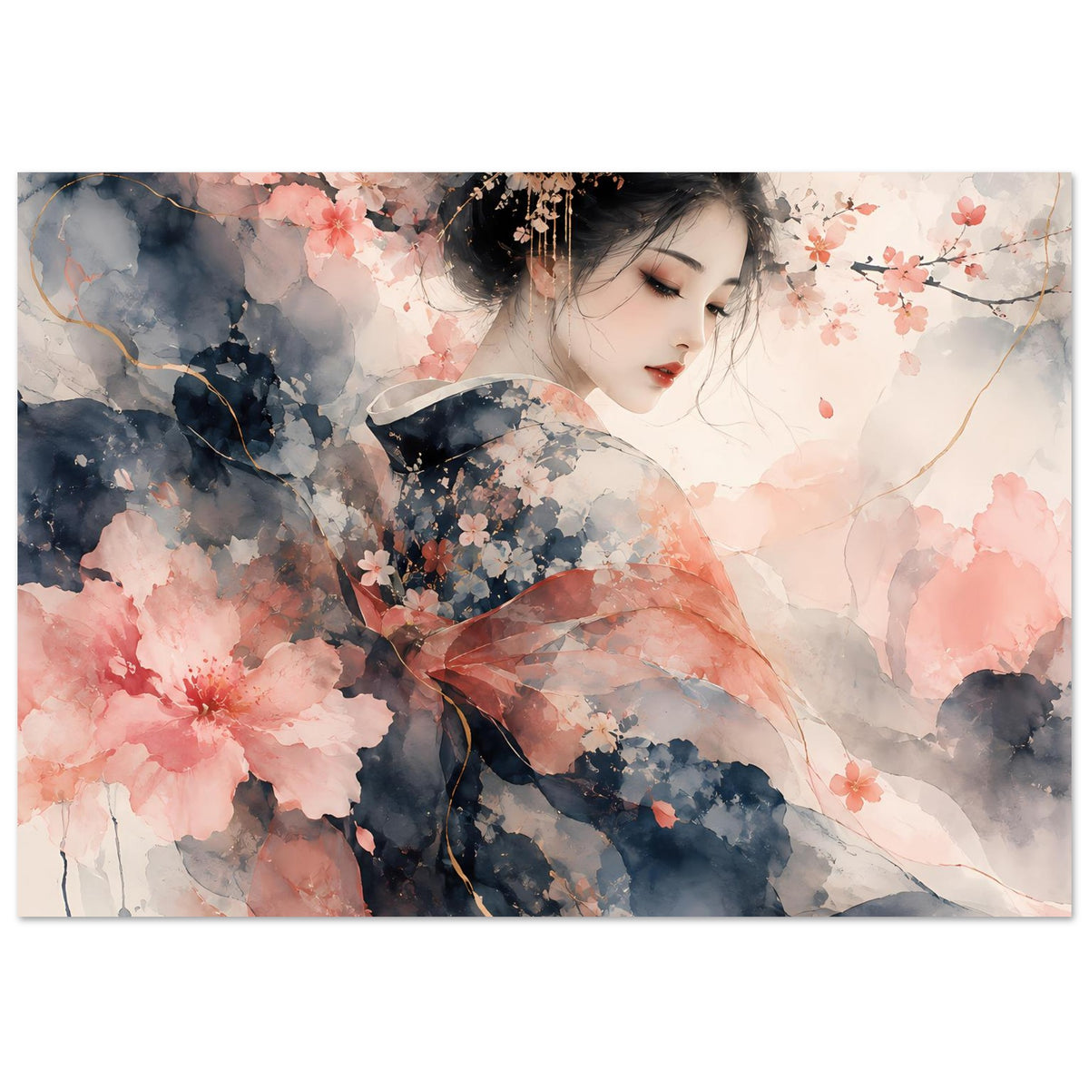 Poster-Motiv mit Kirschblüten: Frau mit Blick nach unten, Aquarell in Dunkelblau und Rosa