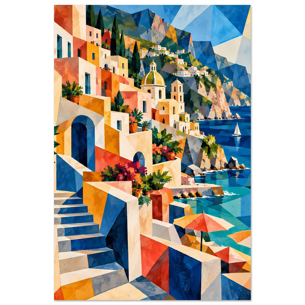 Mediterranes Küstenkunstposter mit Treppe, bunten Häusern, Meer und Segelbooten