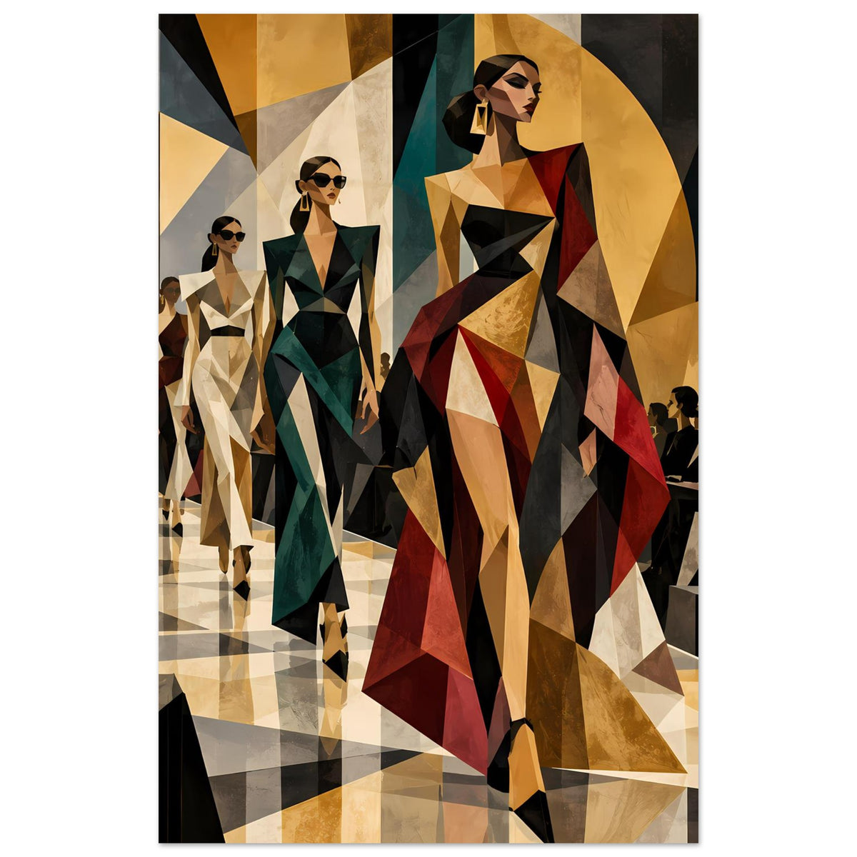 Fashion-Poster, hochkant: geometrische Szene mit mehreren Laufstegmodellen