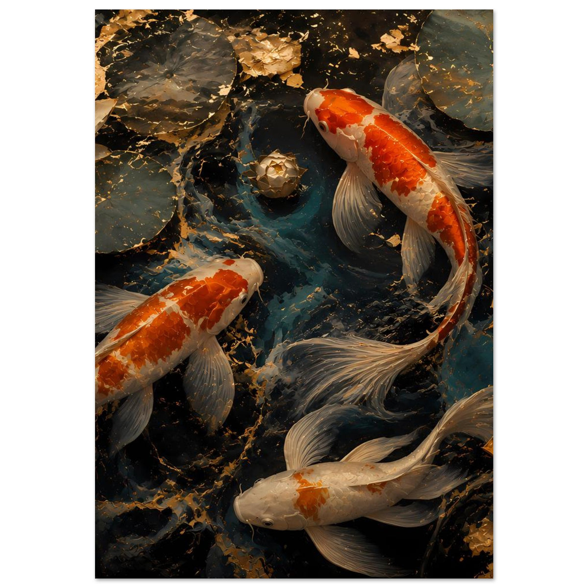 Kunstposter mit Koi-Fischen im Teich: orange-weißer Fisch, weitere Koi und Steine