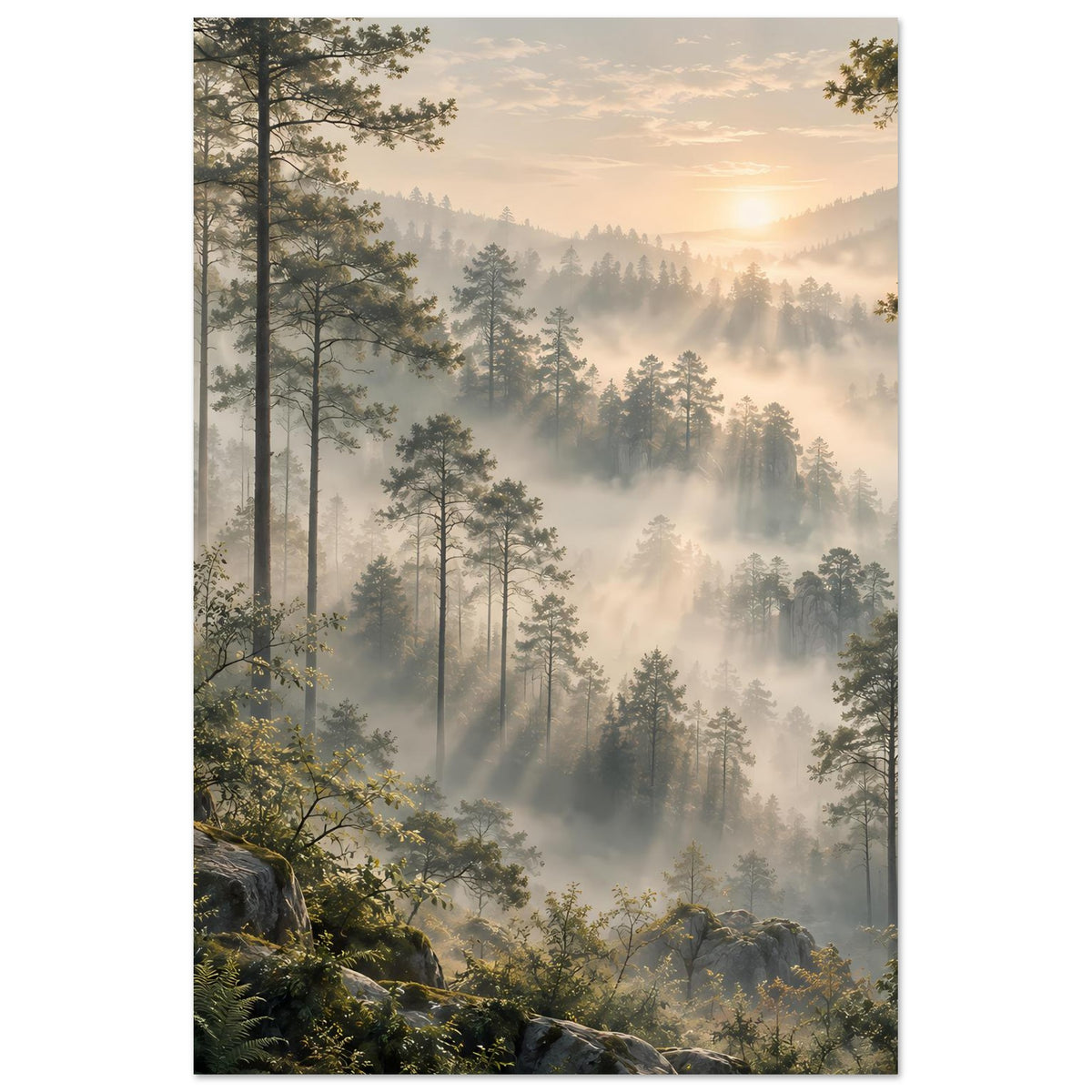 Waldlandschafts-Poster mit hohen Bäumen, Nebel und warmem Sonnenaufgang im Hintergrund