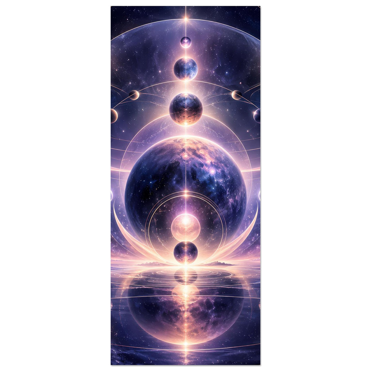 Vertikales galaktisches Poster mit Planeten und leuchtenden Ringen, Fokus auf zentrale Kugel