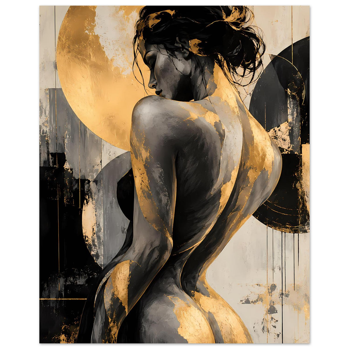 Abstraktes Poster mit Akt-Figur in Schwarz-Gold, näherer Bildausschnitt von Kopf bis Oberkörper