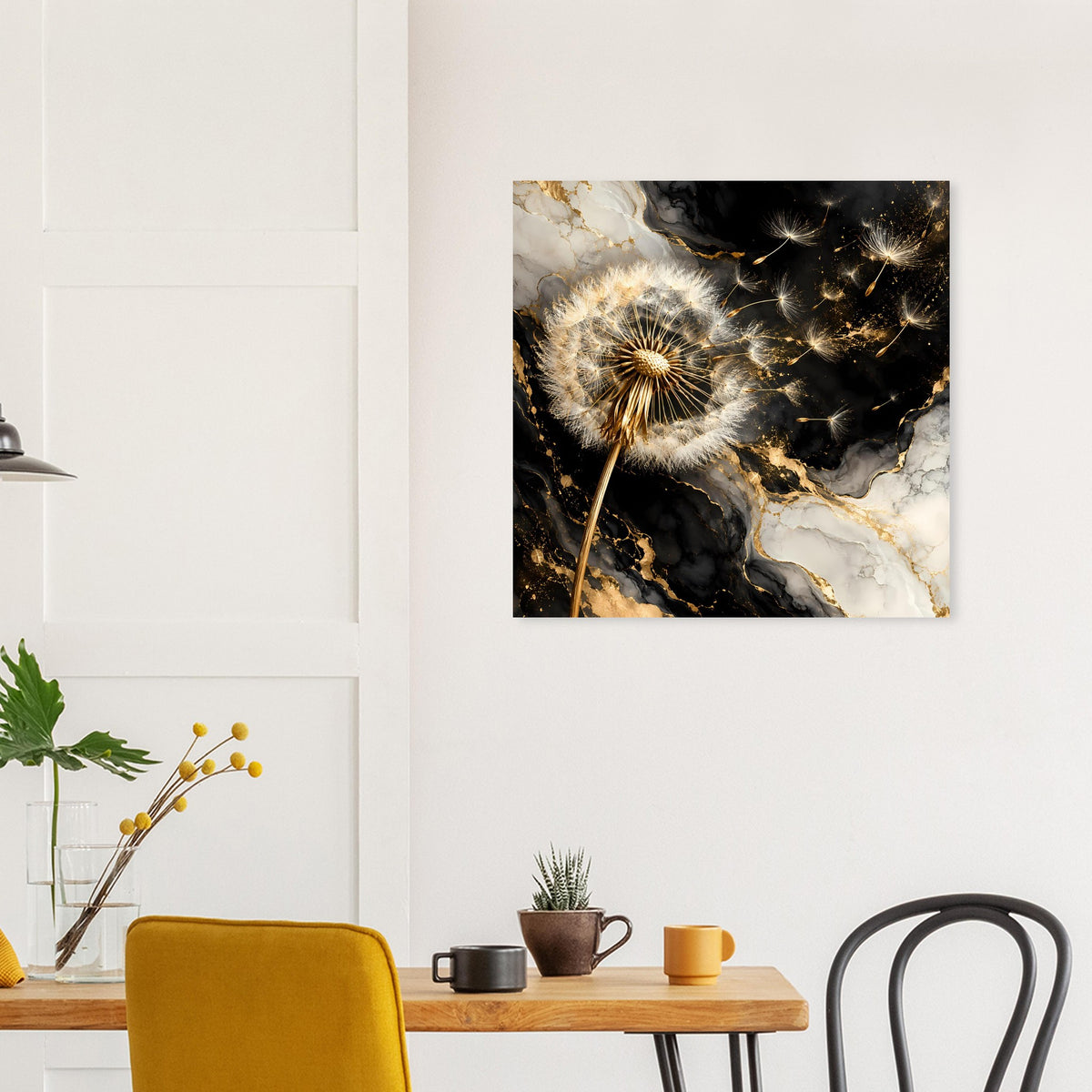 Quadratisches Poster mit Pusteblume, goldener Schimmer über dunklem Schwarz-Marmoreffekt