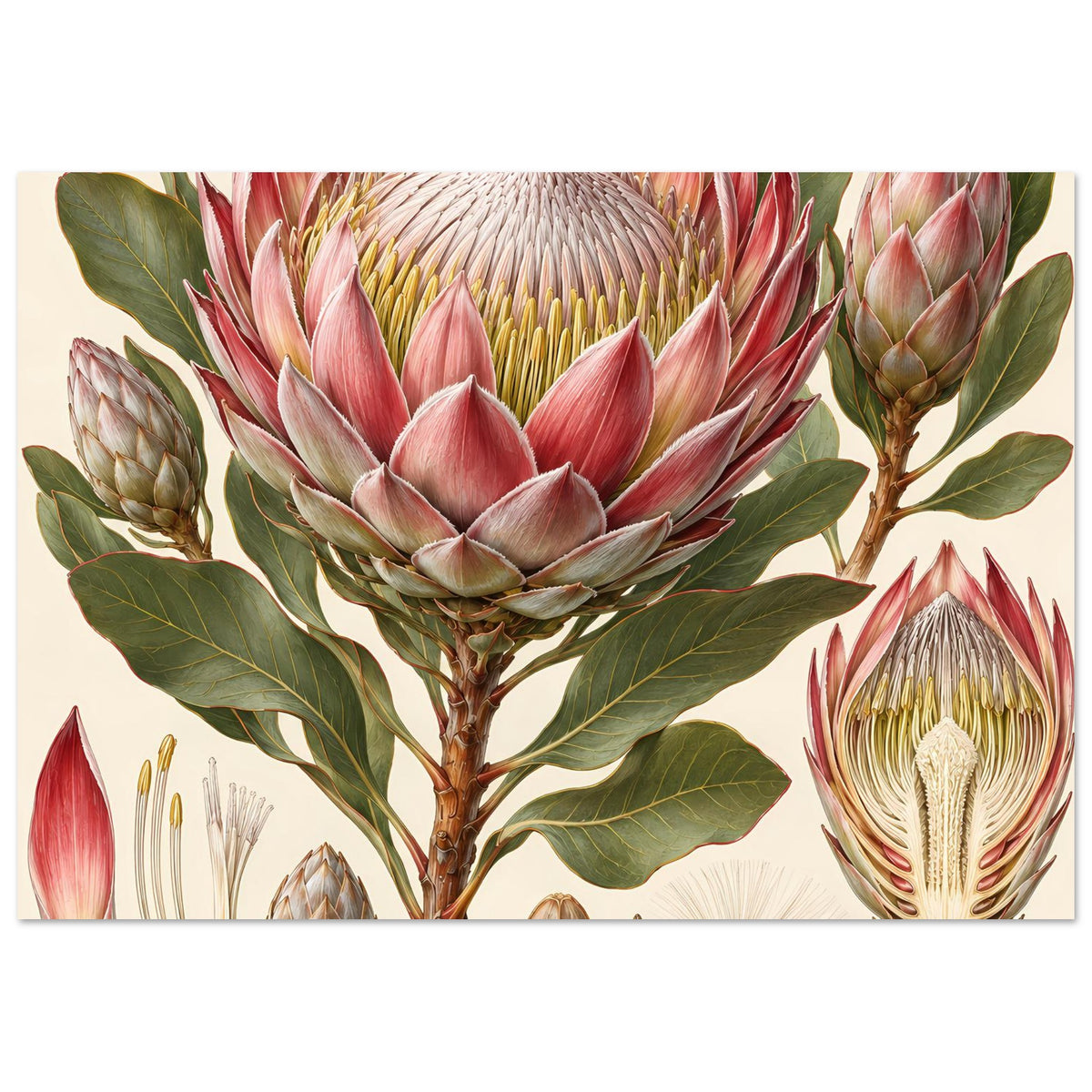 Protea-Blumenposter, halbe Bildansicht mit rosa Blüte und rechter Knospe
