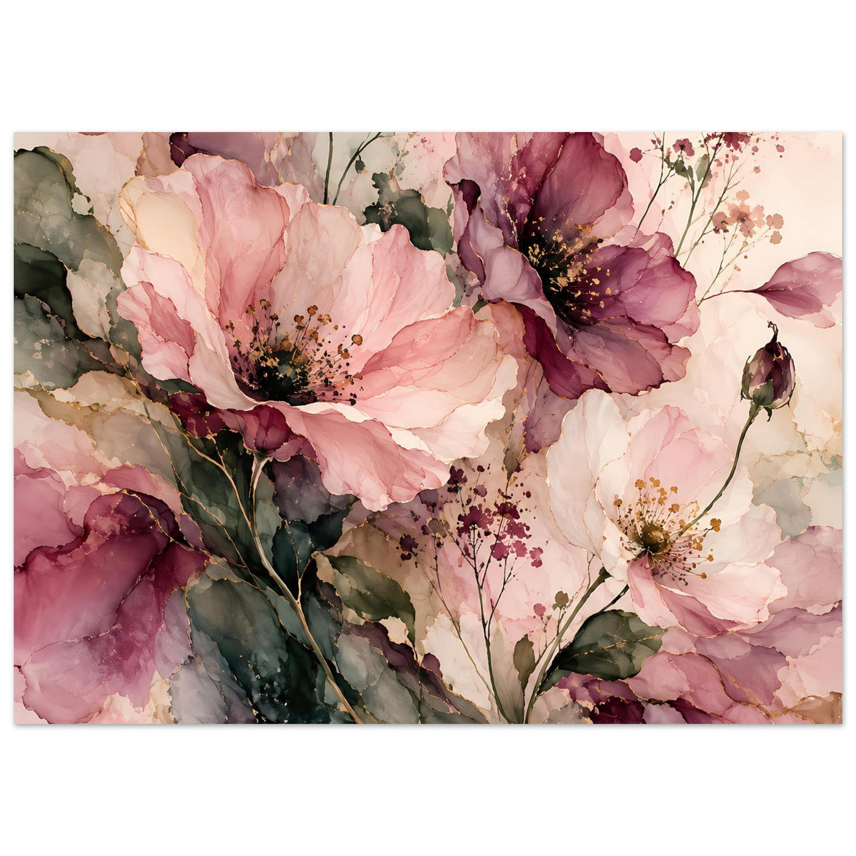 Blumenposter mit dichtem Blumenmotiv aus rosa, burgunderfarbenen Blüten und Blattwerk