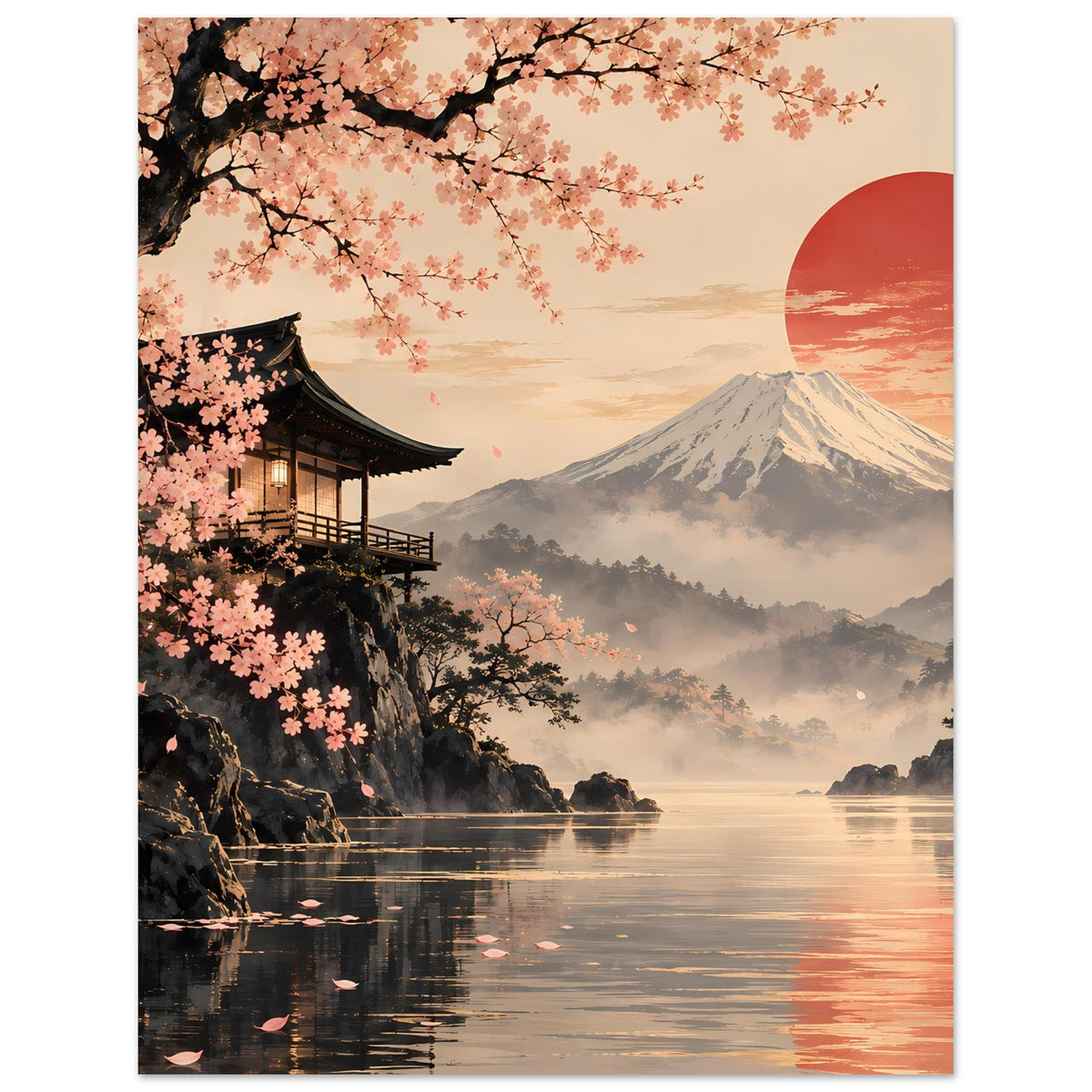 Poster mit Pagode, Kirschblüten am Rand, Fuji-Berg, roter Sonne und Spiegelung im Wasser
