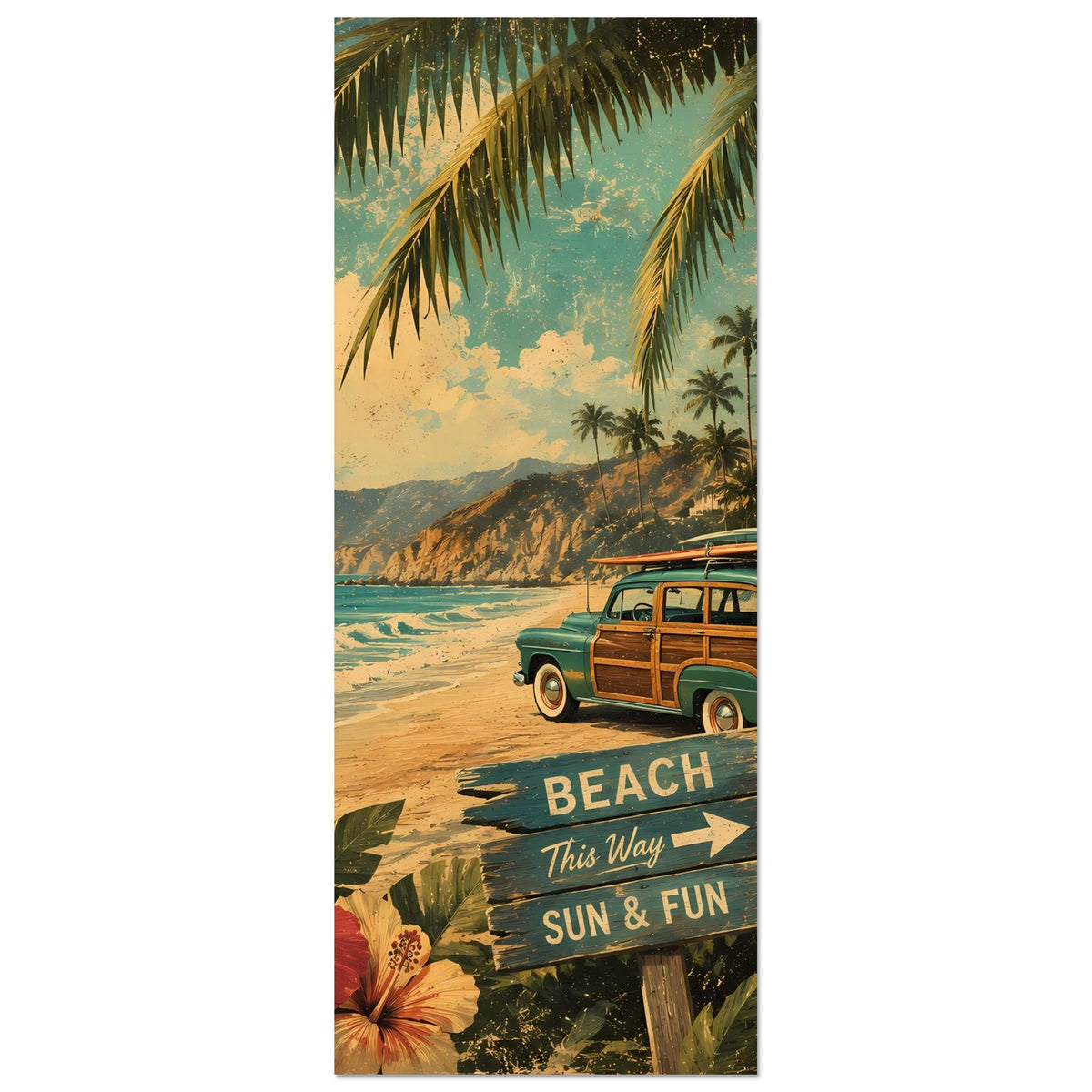 Vertikales Poster-Detail: Strandmotiv mit Van, Surfbrett rechts, „BEACH“ und „SUN & FUN“