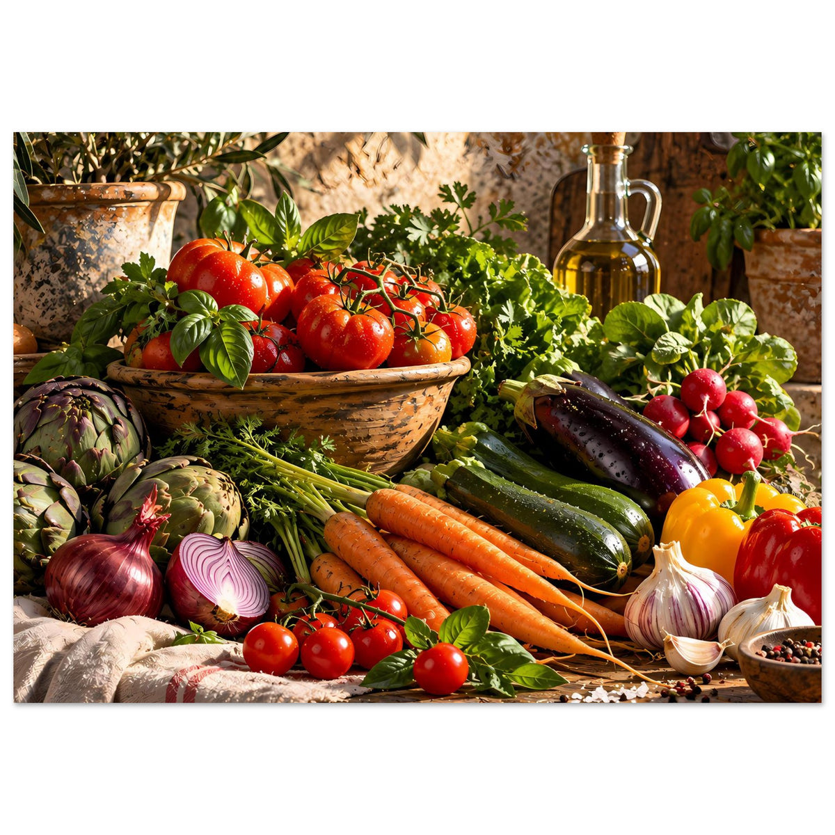Küchenposter mit Gemüsekorb: Tomaten, Karotten, Zucchini und Ölflasche