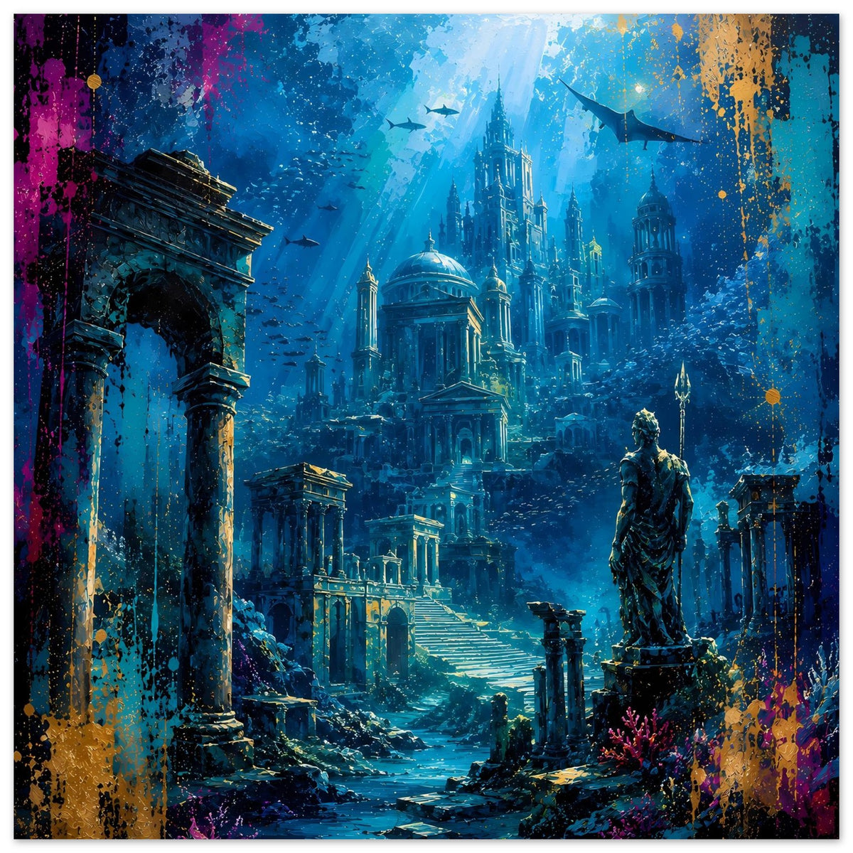 Poster mit Unterwasserstadt Atlantis, blaue Kathedralen und Statue rechts