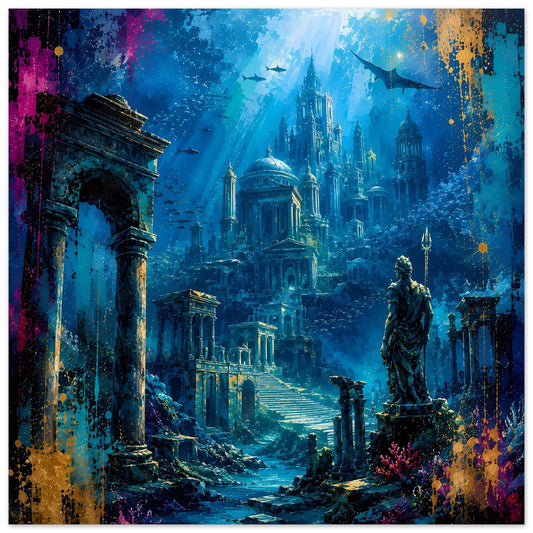 Poster mit Unterwasserstadt Atlantis, blaue Kathedralen und Statue rechts