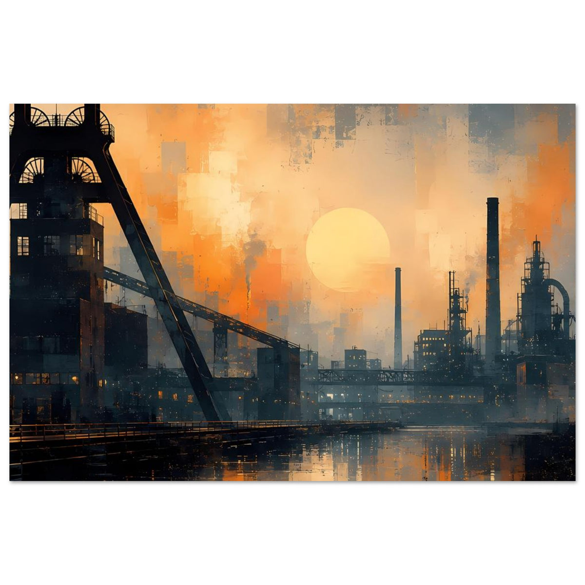 Industrie-Dämmerung Poster, horizontal: Schornsteine und Hafenanlage, großer Sonnenball, Reflexion