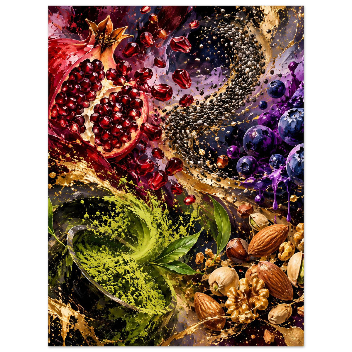 Poster mit Granatapfel, grünen Kräuterblättern, violetten Beeren und goldenen Körnchen