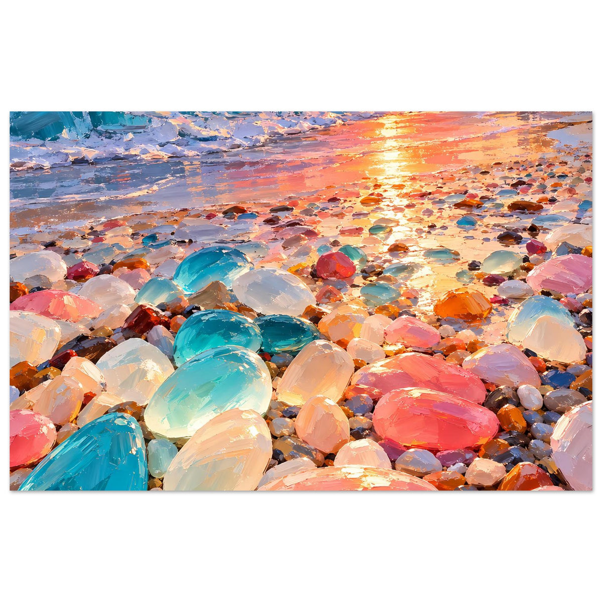 Wandposter (quer, nah) mit bunten Kieselsteinen und gold-orangefarbenem Himmel
