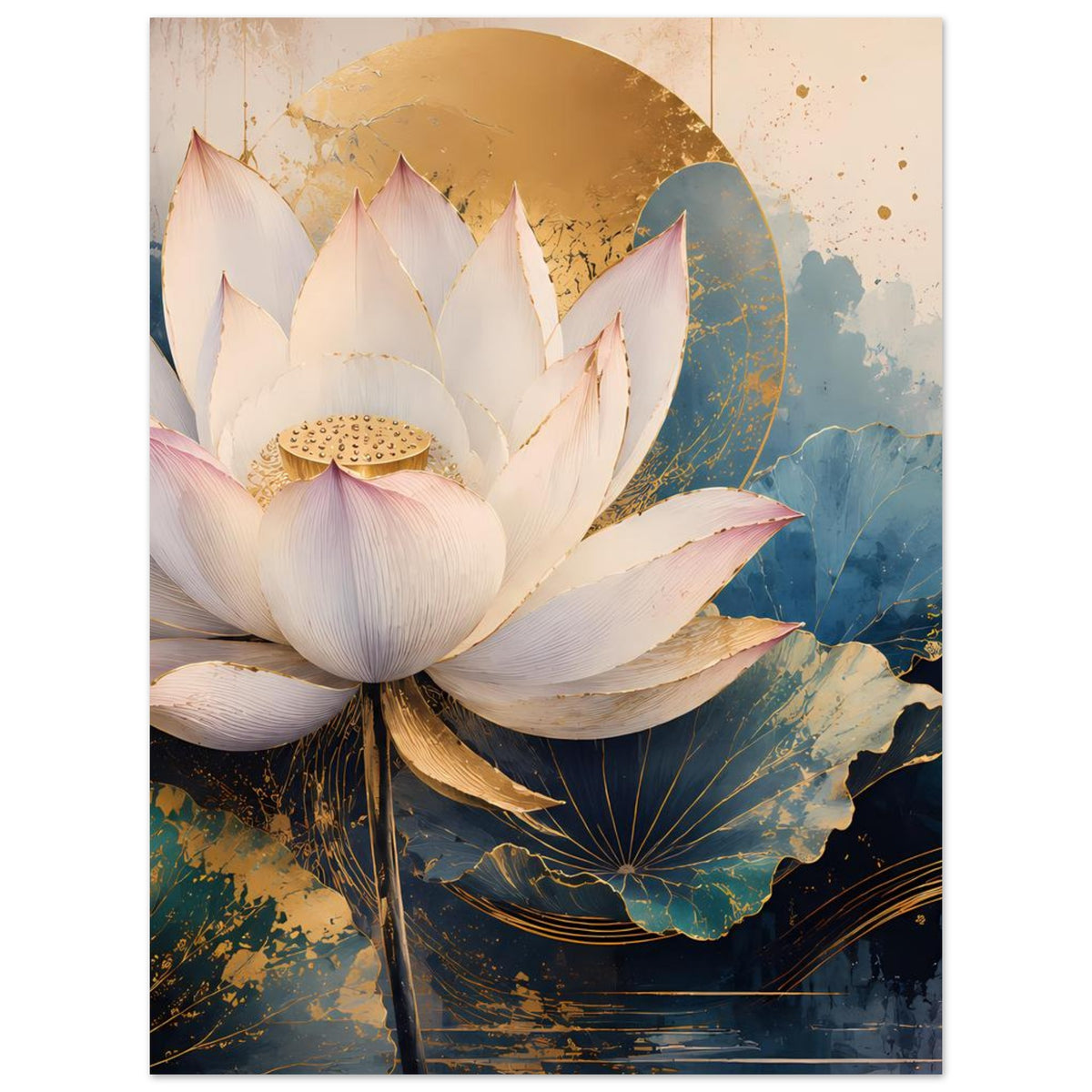 Lotusblumenposter mit zentraler Lotusblüte und blauen Wasserlilien, goldene Spritzer