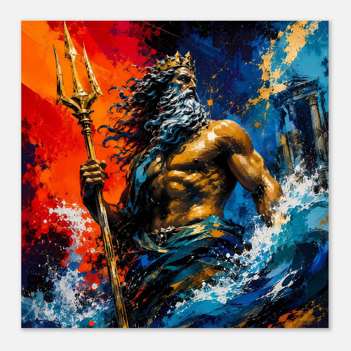 Quadratisches Neptun-Poster: Krone, Dreizack und bärtiger Blick, blau-rote Farbsprenkel