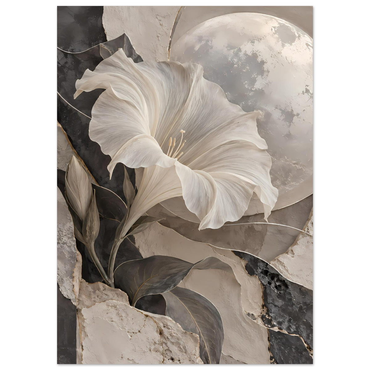 Hochkant-Kunstposter mit weißen Blüten, dunklen Blättern und Mondsichel