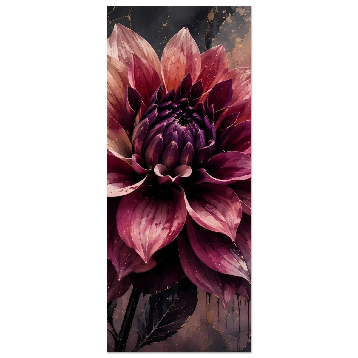 Blumenposter im Hochformat mit dunkelvioletter Dahlie, goldene Adern und Blätter am Rand