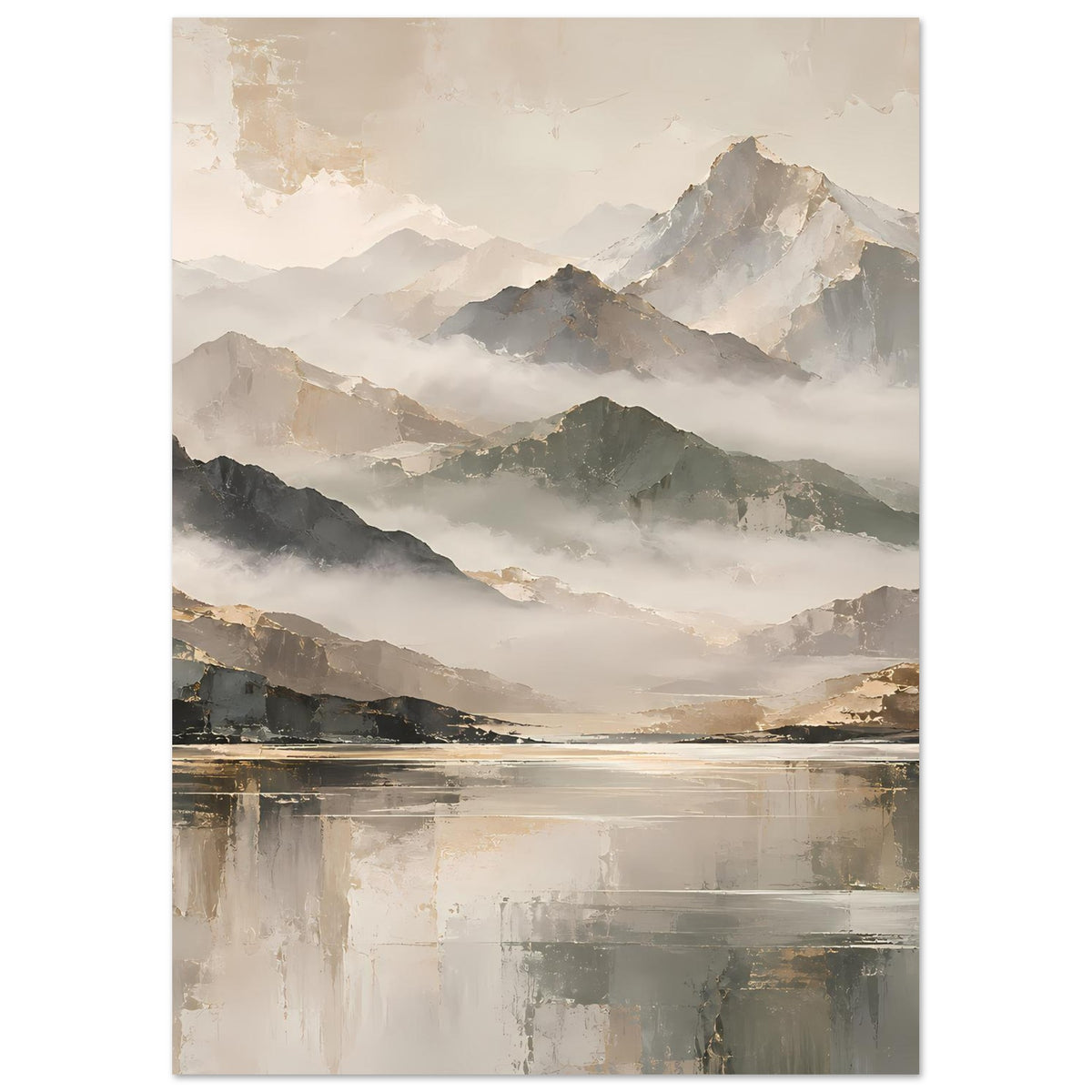 Naturposter im Hochformat mit Bergen im Nebel und See-Reflexion, Beige und Gold