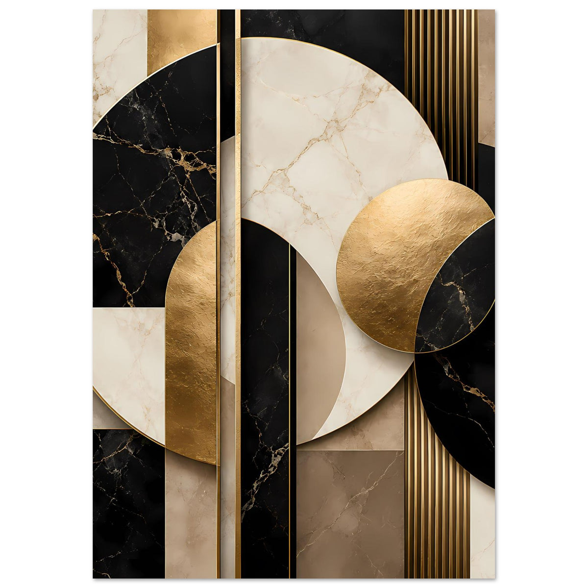 Geometrisches Marmor-Gold-Poster, vertikaler Mittelstreifen, goldene Rundformen und Marmorflächen