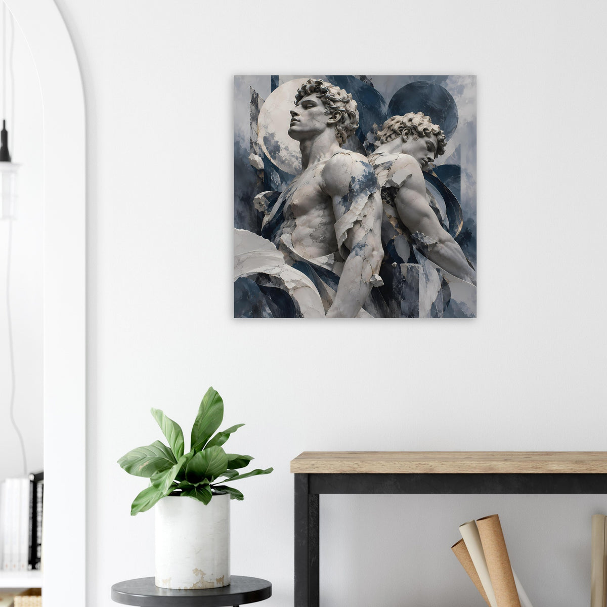 Quadratisches Wandposter mit zwei Cherub-Engeln, blau-graue Töne, matt