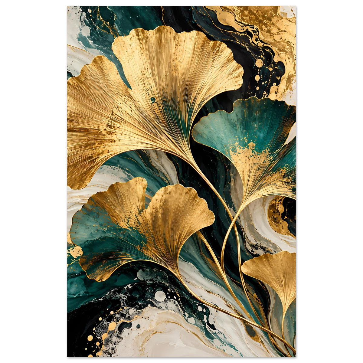 Naturposter im Hochformat mit goldenen Ginkgo-Blättern, türkisgrüner Abstraktion und Goldsprenkeln