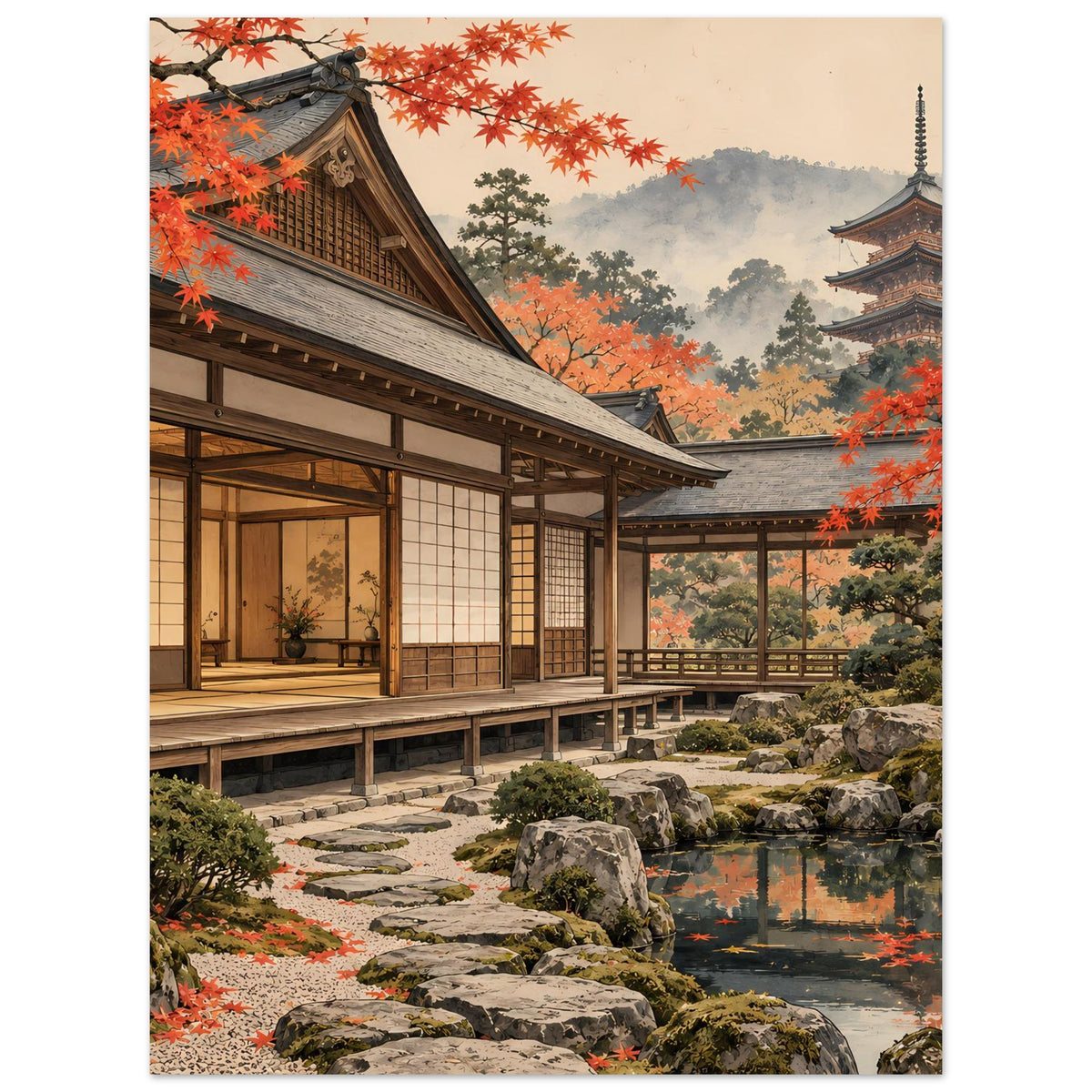 Poster im Hochformat: Detail von Holzveranda, rot-oranges Herbstlaub und ruhige Teichszene