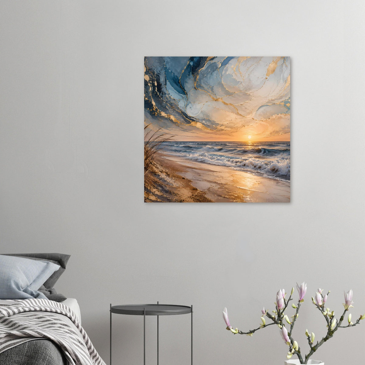 Kleines Poster mit Strandwellen und goldener Abendsonne am Horizont
