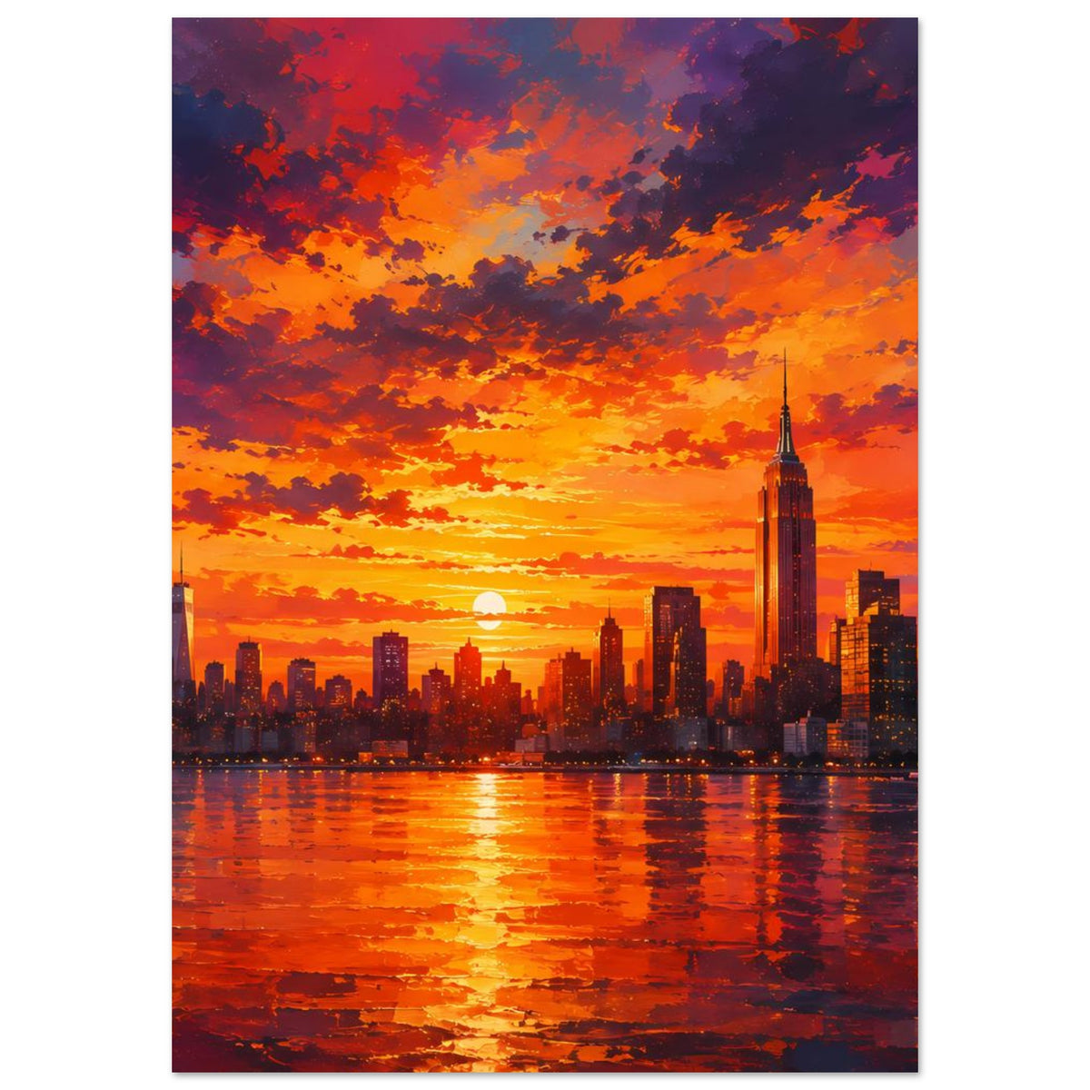 Vertikales Poster mit Stadt-Skyline bei Sonnenuntergang, orange-roter Himmel und Spiegelungen