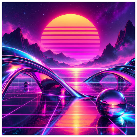 Retro-Science-Fiction-Poster: neonfarbener Sonnenuntergang, Gitternetzstraße, Glas-Kugel & Figuren