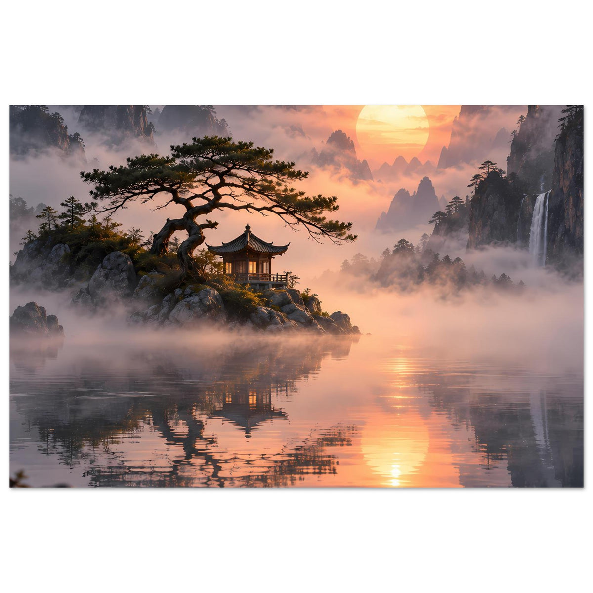 Horizontales Poster mit asiatischem Landschaftsmotiv, orangefarbener Sonne, Tempel und ruhigem See