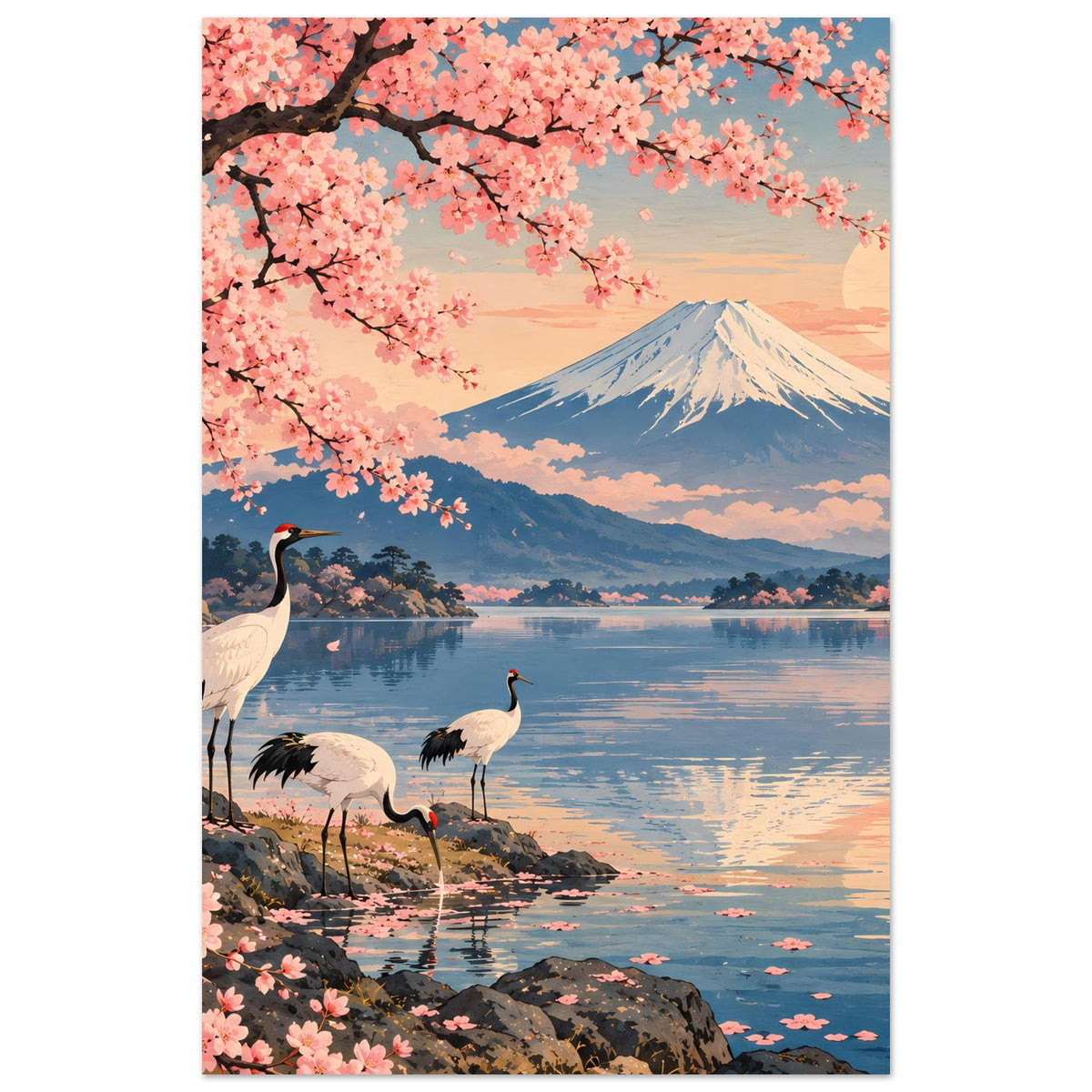 Kirschblüten und Kraniche vor dem Fuji am See – japanisches Wandposter
