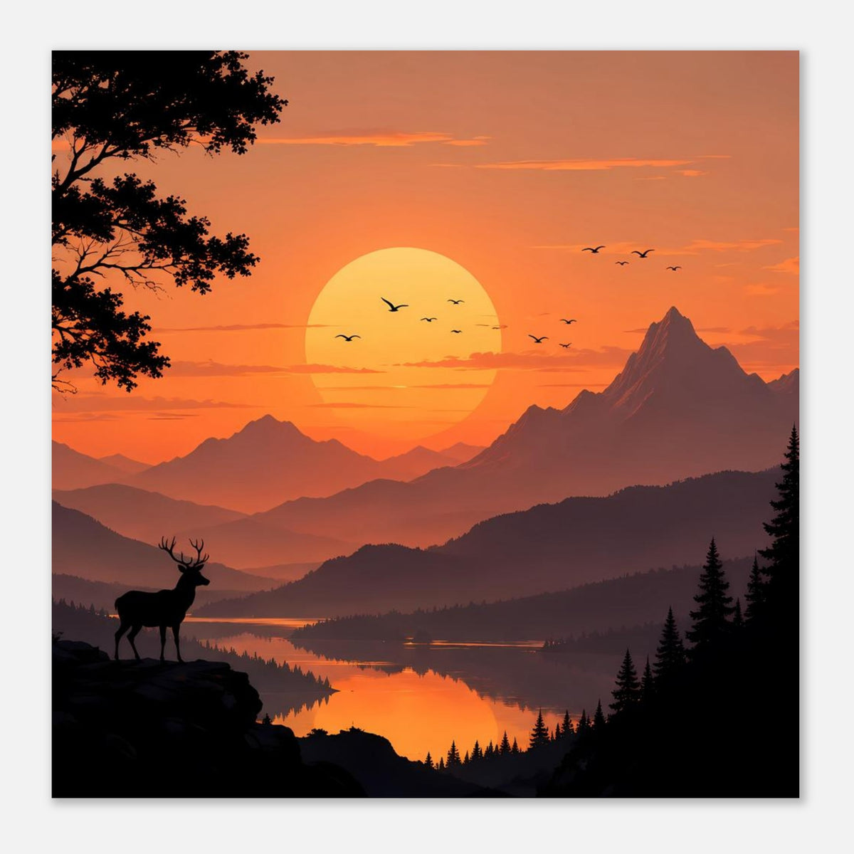 Quadratisches Poster mit Hirschsilhouette vor goldener Abendsonne über Bergsee und Gipfeln
