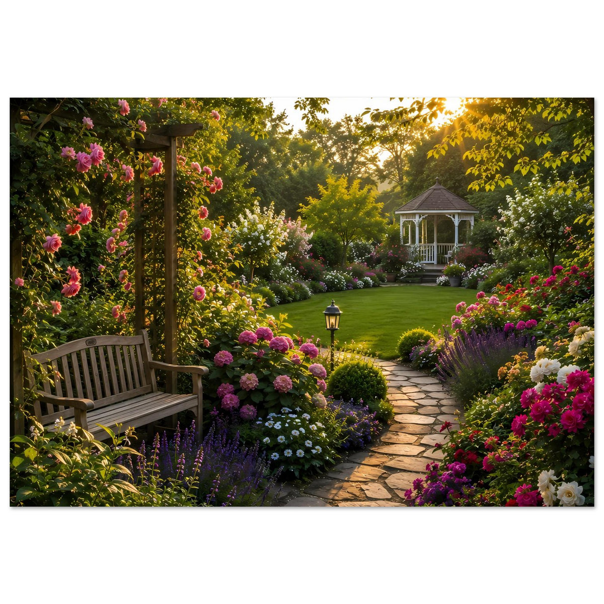 Gartenposter: Gartenweg durch blühende Blumen, Bank, Laterne und Pavillon