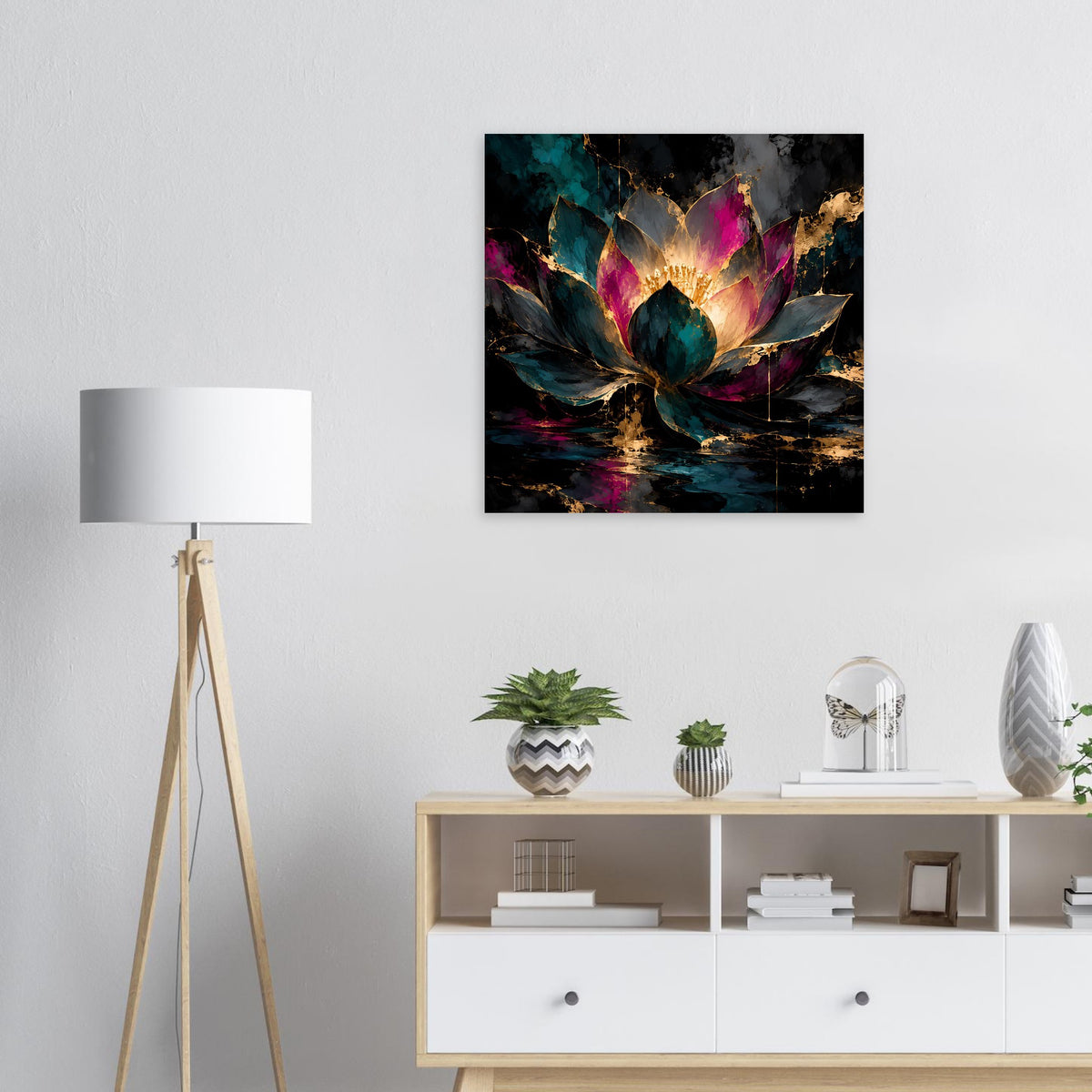 Kunstposter mit Lotusblüte, türkis/pink abstrakt, goldener Lichtkranz und dunkle Texturen