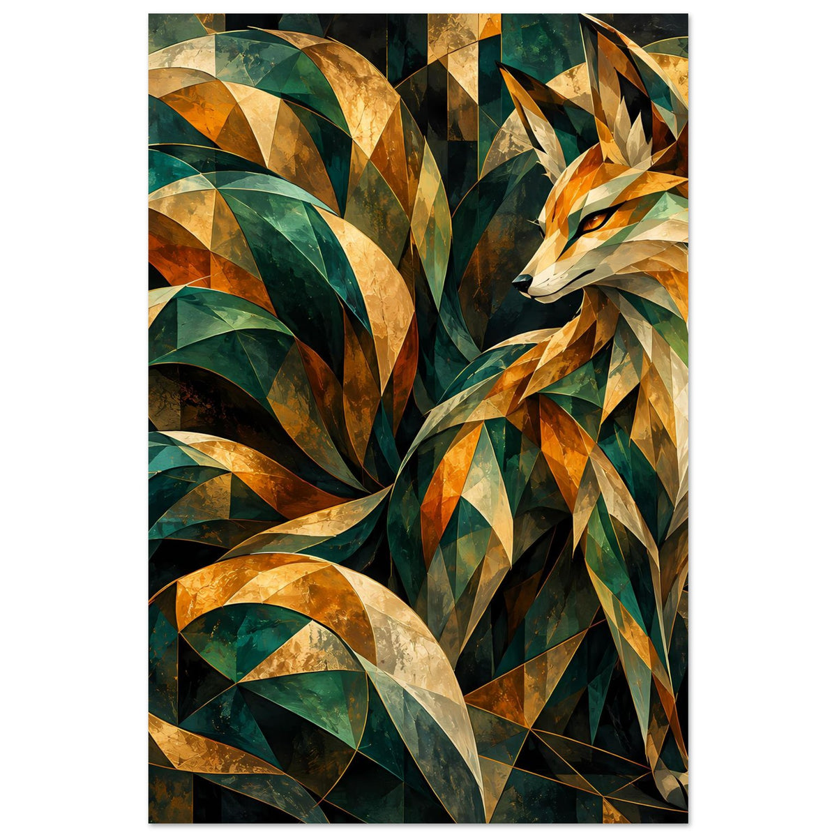 Kunstposter: stilisierter Fuchs, Smaragdgrün und Gold mit prismatischen Dreiecken und Linien