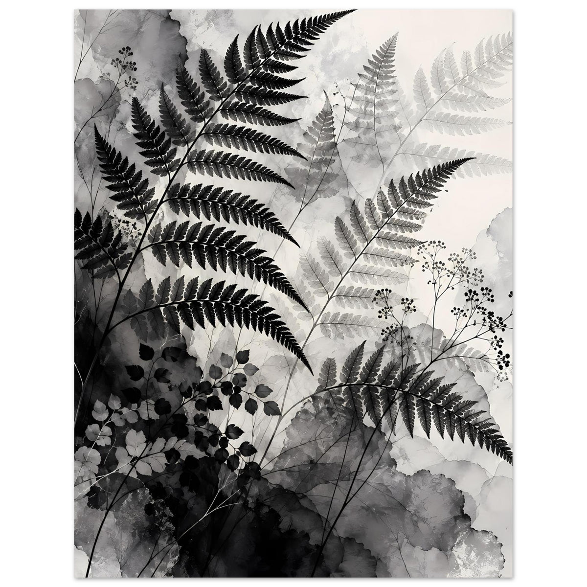 Botanisches Kunstposter (hochkant) mit großen Farnblättern und feinen Zweigen in Schwarzweiß.