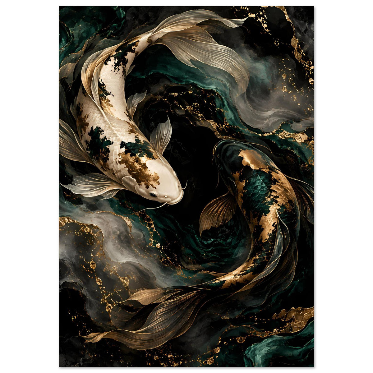 Kunstposter mit Koi-Fischen (vertikal): weiß-goldener Koi, dunkler Koi, abstrakte Wellen
