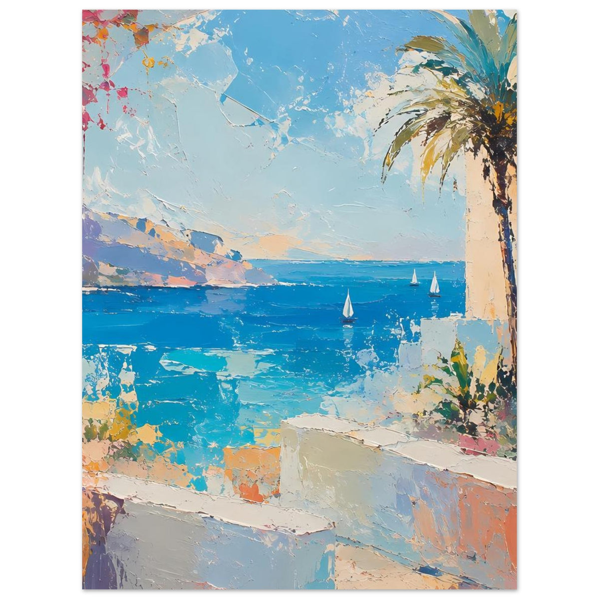 Sommer-Poster mit Meeresbucht, Palme und drei Segelbooten im abstrakten Farbauftrag