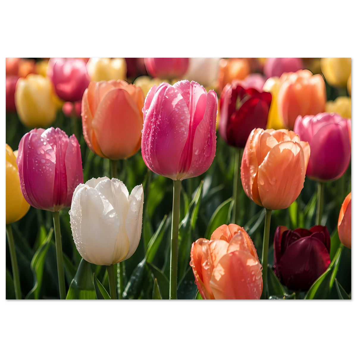 Blumenposter im Querformat mit Tulpen: zentrale pinke Tulpe, gelbe, orange und rote Blüten