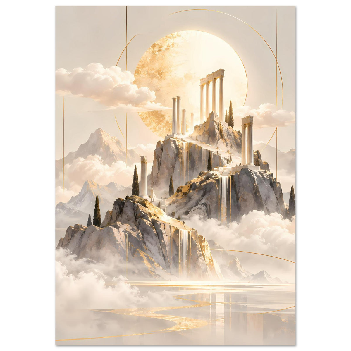 Vertikales Poster mit goldenem Tempelmotiv, Felsenbergen, Wasserfällen und goldenen Lichtlinien