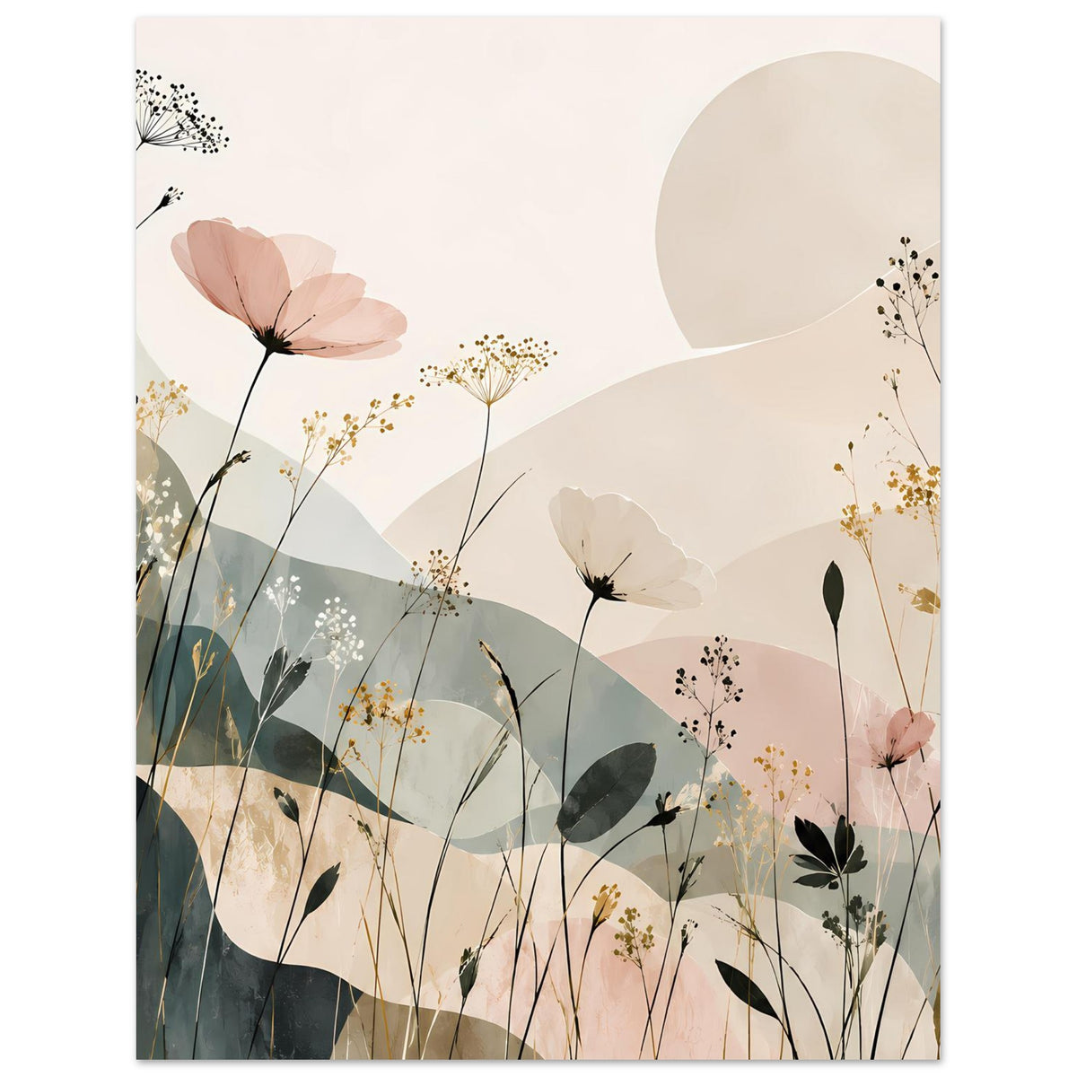 Blumen-Abstract-Poster mit großen Blüten, feinen Dolden und zweifarbigen Blättern