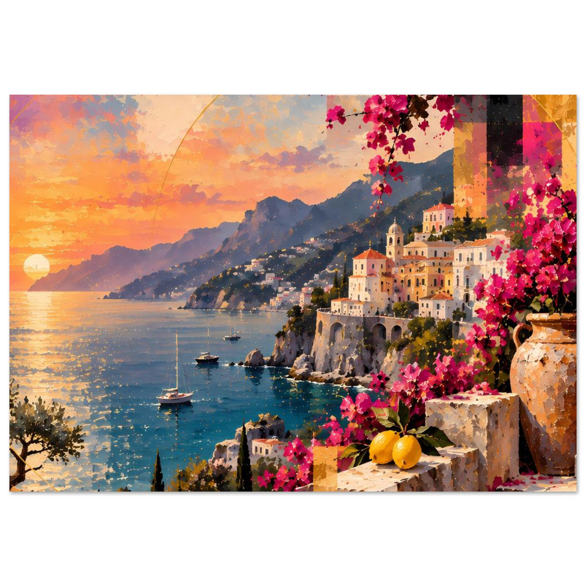 Poster mit Küstenstadt am Meer bei Sonnenuntergang, Boote, pinke Bougainvillea und Zitrusfrüchte