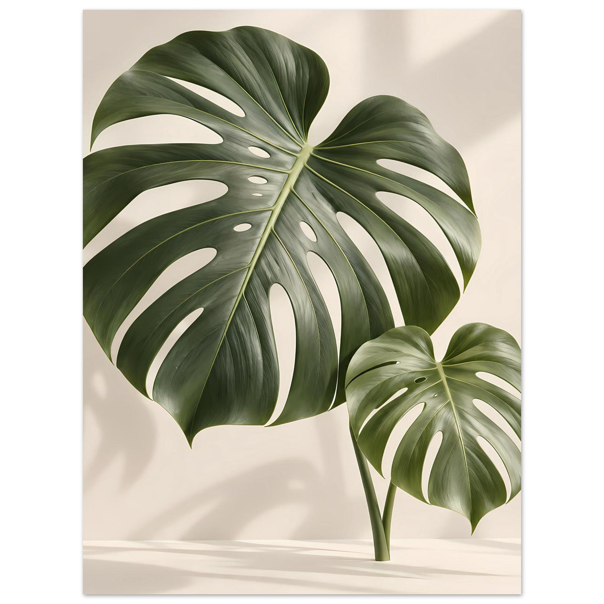Poster mit großen Monstera-Blättern, großes Blatt links und kleineres rechts, dunkles Blattgrün und Hellgrün